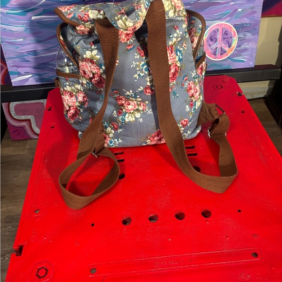 Floral Canvas Backpack / Diaper bag with Brown Trim - Picture 3 of 13